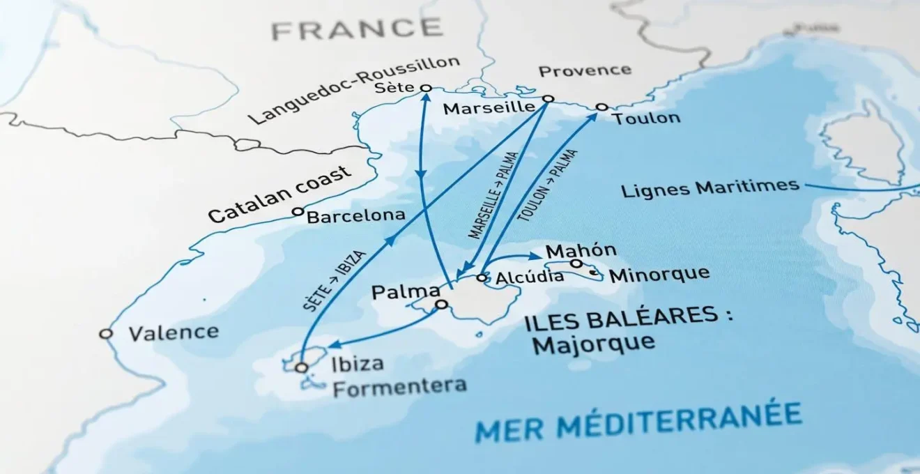 Gros plan sur une carte de la Méditerranée occidentale montrant les principales routes maritimes entre les ports français et les îles Baléares