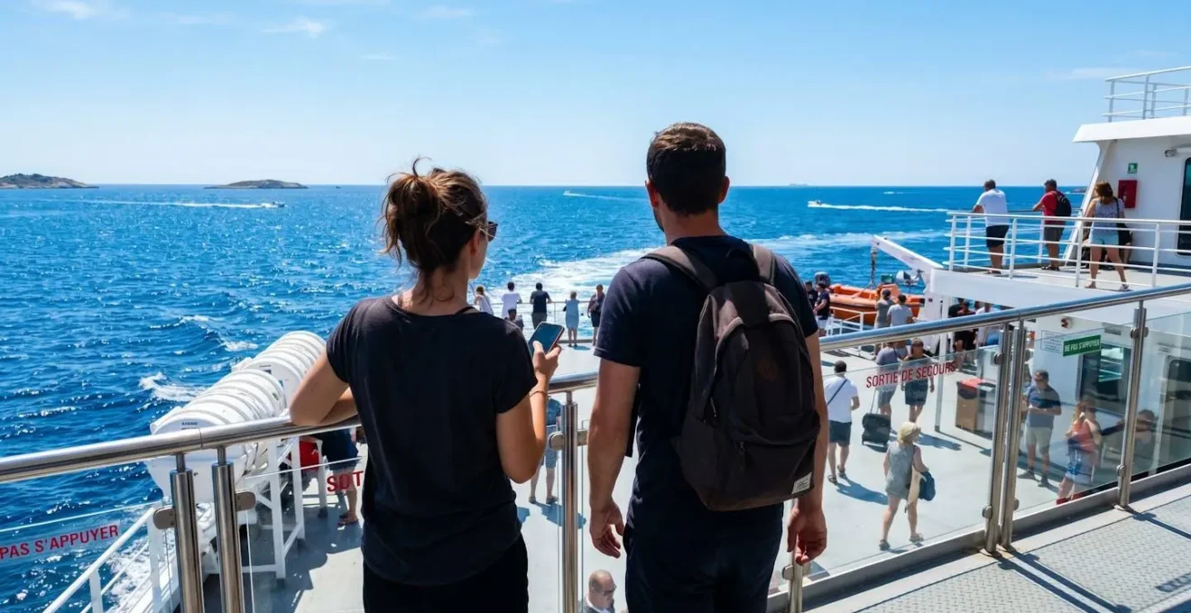 Un couple vu de dos observe l'horizon méditerranéen depuis le pont extérieur d'un ferry moderne par une journée ensoleillée