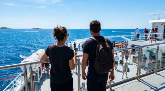 Un couple vu de dos observe l'horizon méditerranéen depuis le pont extérieur d'un ferry moderne par une journée ensoleillée