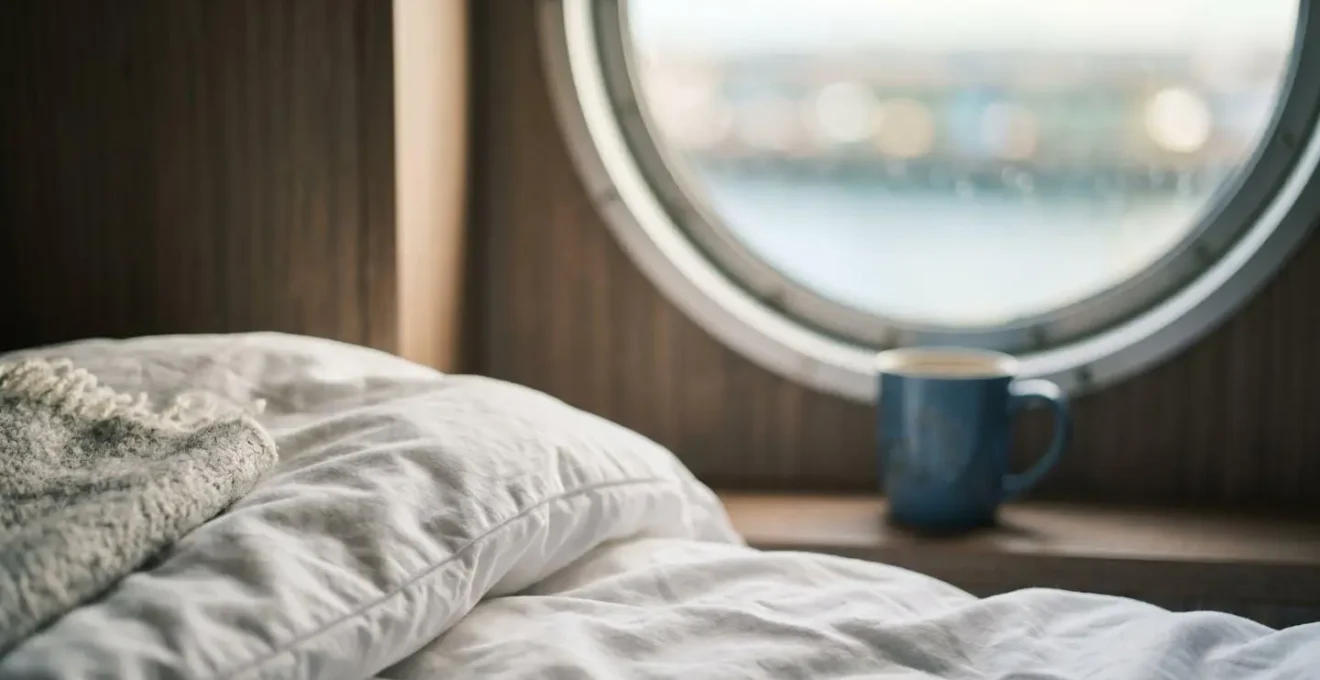 Gros plan sur une cabine de ferry moderne avec hublot circulaire, literie blanche propre, éclairage doux latéral