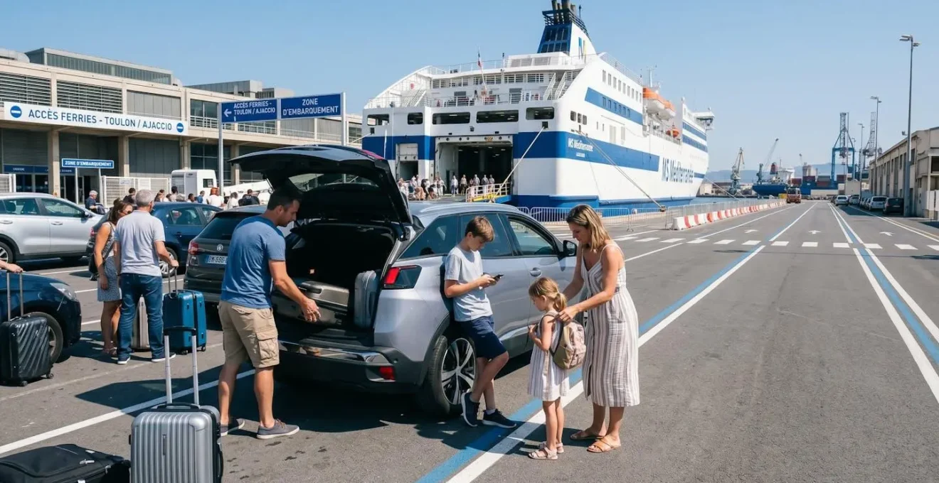 Une famille avec deux enfants s'apprête à embarquer son véhicule sur un ferry au port, scène dynamique sur le quai avec navire moderne en arrière-plan