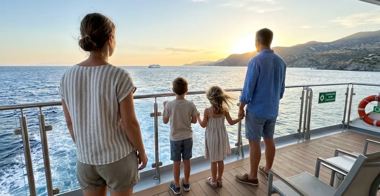 Une famille de quatre personnes vue de dos observe l'horizon depuis le pont d'un ferry en Méditerranée, dans la lumière dorée du matin