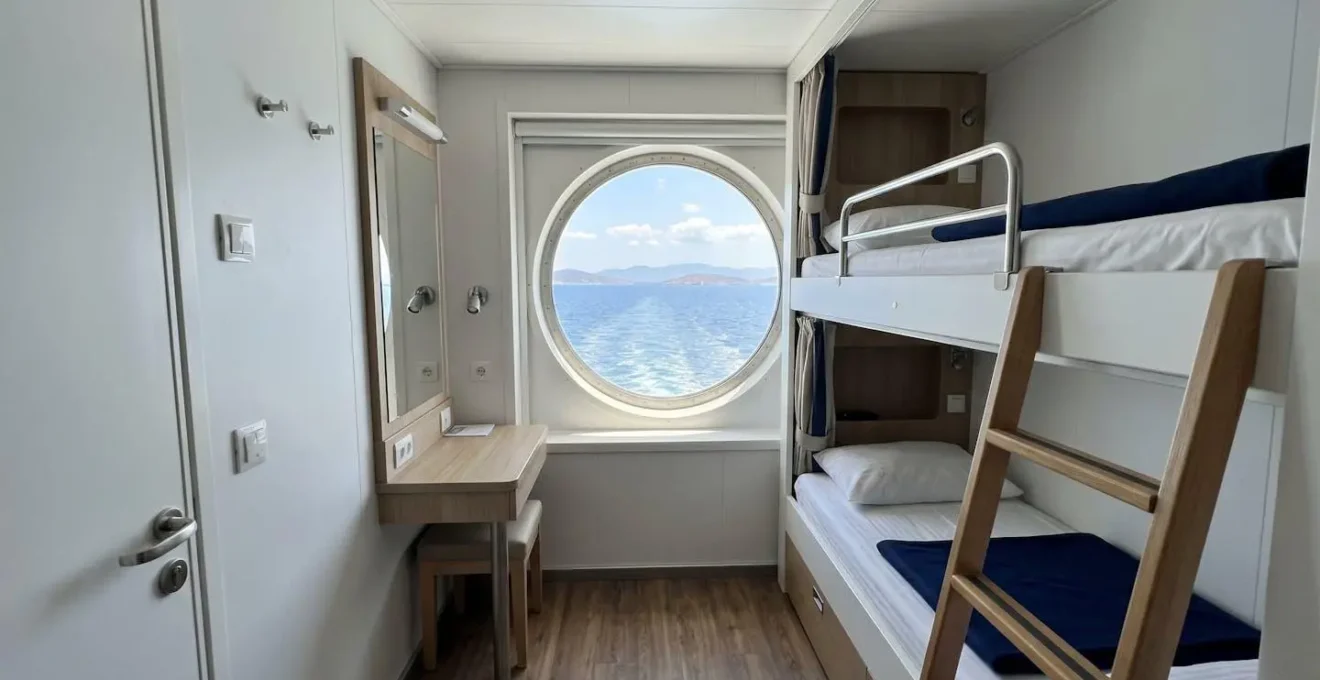 Intérieur spacieux d'une cabine de ferry contemporaine avec deux couchettes superposées, un hublot donnant sur la mer et un décor épuré aux tons clairs