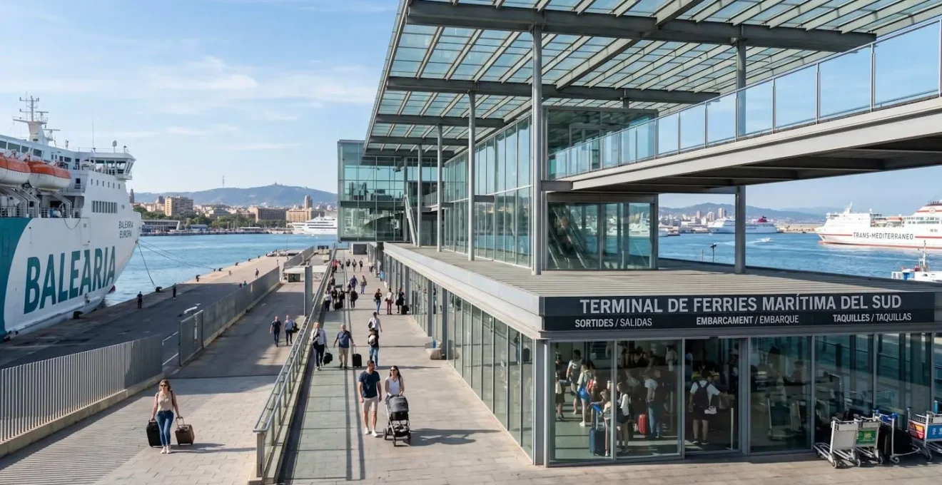 Terminal passagers moderne du port de Barcelone avec larges baies vitrées, architecture contemporaine, lumière naturelle abondante